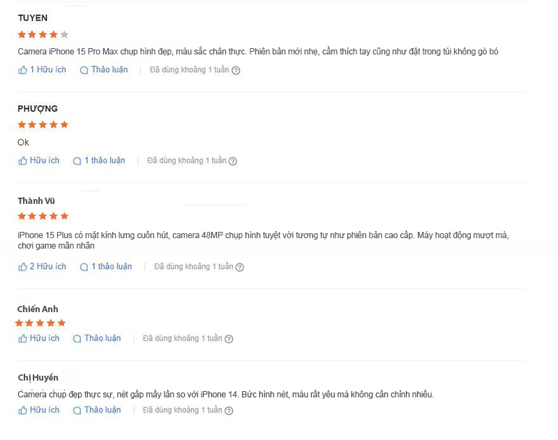 Đánh giá tích cực từ người dùng iPhone 15 Plus 